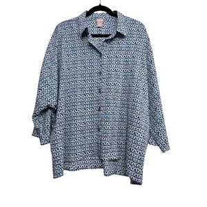 Chico's Coastal Chic Blue Geometric Print Tunic‎ Blouse Preppy Resort Large/ 2